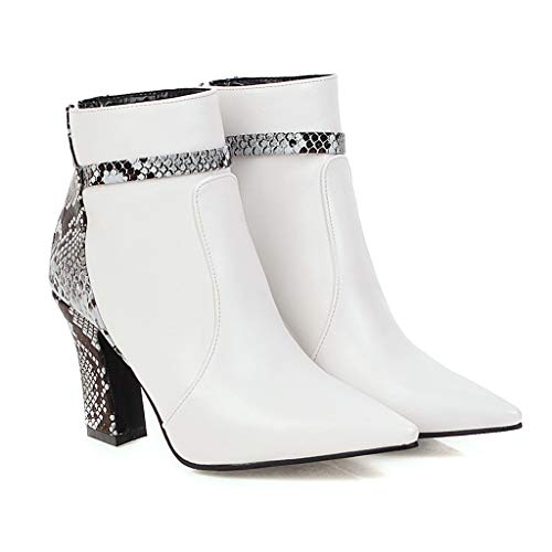 Zapatos de tacón Grueso con Punta Puntiaguda de Cuero para Mujer Botines con Costura de Serpiente con Cremallera Camperas Verano Cortas clásicas en Negro Marca Moteras Ancha