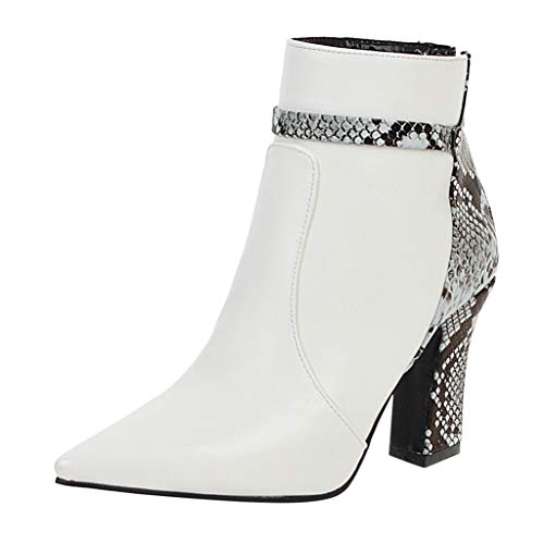 Zapatos de tacón Grueso con Punta Puntiaguda de Cuero para Mujer Botines con Costura de Serpiente con Cremallera Camperas Verano Cortas clásicas en Negro Marca Moteras Ancha