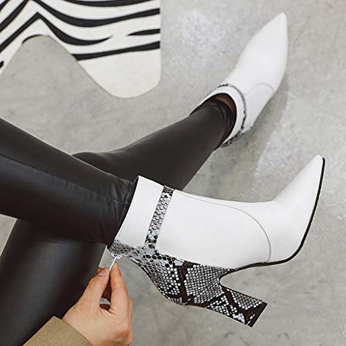 Zapatos de tacón Grueso con Punta Puntiaguda de Cuero para Mujer Botines con Costura de Serpiente con Cremallera Camperas Verano Cortas clásicas en Negro Marca Moteras Ancha