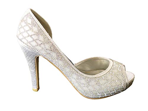 Zapatos de tacón medio para mujer, con plataforma, para boda, con diamantes y puntera abierta, corte lateral, talla, color Plateado, talla 40 EU