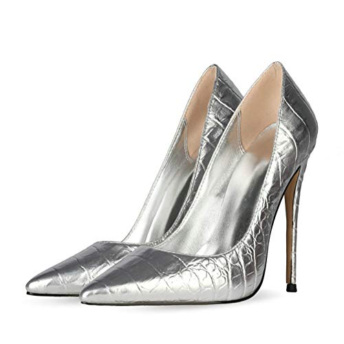 Zapatos de Tacón para Mujer,10CM Patrón de cocodrilo de metal Elegante punta puntiaguda Asakuchi Tacón de aguja,Boda Fiesta Club Vestido de noche Zapatos de salón Tallas grandes Bombas,Plata,42 EU