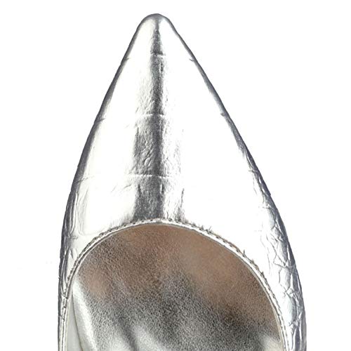 Zapatos de Tacón para Mujer,10CM Patrón de cocodrilo de metal Elegante punta puntiaguda Asakuchi Tacón de aguja,Boda Fiesta Club Vestido de noche Zapatos de salón Tallas grandes Bombas,Plata,42 EU