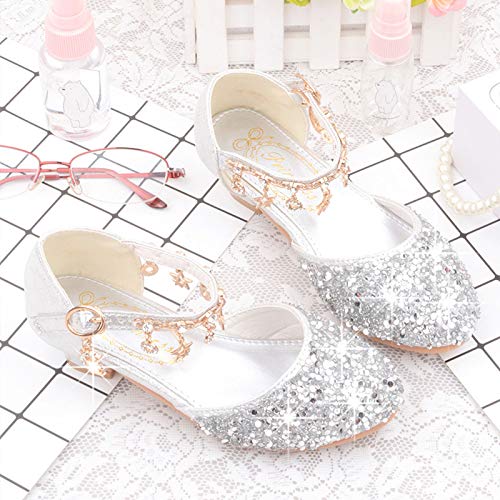 Zapatos de vestir de fiesta para niñas, zapatos de princesa de tacón bajo con purpurina brillante a la moda, zapatos de vestir para damas de honor de boda de flores transpirables para niñas,Plata,36