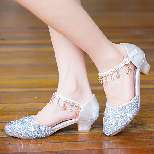 Zapatos de vestir de fiesta para niñas, zapatos de princesa de tacón bajo con purpurina brillante a la moda, zapatos de vestir para damas de honor de boda de flores transpirables para niñas,Plata,36