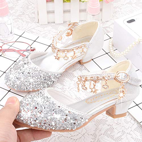 Zapatos de vestir de fiesta para niñas, zapatos de princesa de tacón bajo con purpurina brillante a la moda, zapatos de vestir para damas de honor de boda de flores transpirables para niñas,Plata,36
