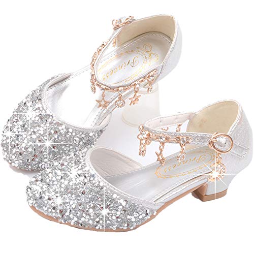Zapatos de vestir de fiesta para niñas, zapatos de princesa de tacón bajo con purpurina brillante a la moda, zapatos de vestir para damas de honor de boda de flores transpirables para niñas,Plata,36