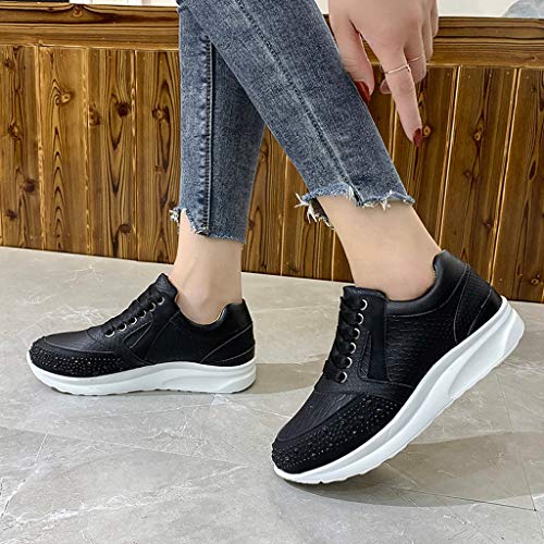 Zapatos Deportivos Mujer Altos Brillantes Cuña Moda de Cuero con Cordones Suela Suave Zapatillas de Deporte para Correr Zapatos Casuales Baratos 36-42EU 0201