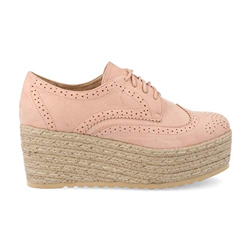 Zapatos Mujer Plataforma en Yute Tipo Oxford con Perforados Primavera Verano 2019. Talla 40 Rosa