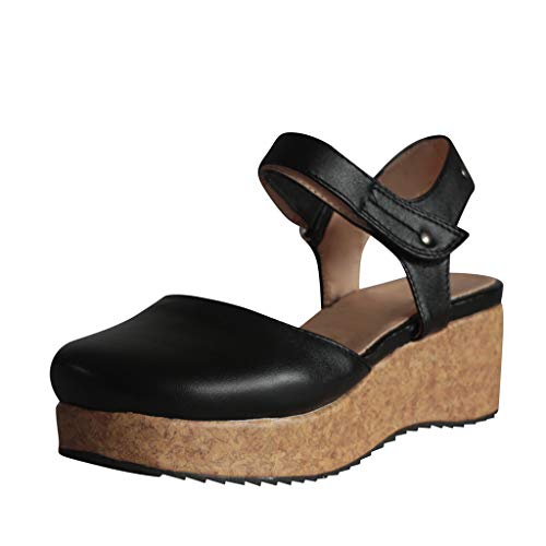 Sandalias Mujer Cuña Comodas Mules Planas Sandalia Cerrada con Pulsera Tacon Casual Zapatos de Playa Retro Negras 35-43 EU