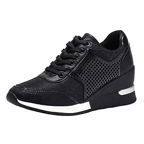 Zapatos para Correr para Mujer Tacones con cuña Zapatillas de Deporte Zapatos Deportivos Transpirables para Mujer Zapatos con Punta Redonda con Cordones Malla de Cuero Antideslizante