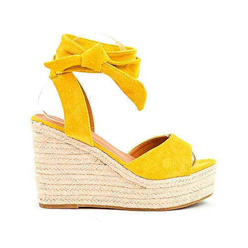 Zapatos Sandalias con cuña tacón Plataforma Alta con Tira Ancha y Cuerda al Tobillo de Ante Antelina