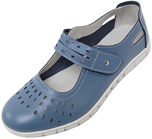Zapatos/Sandalias de Absolute Footwear, informales, para verano o vacaciones, de horma ancha (EEE), para señoras, de cuero, color Azul, talla 38 EU