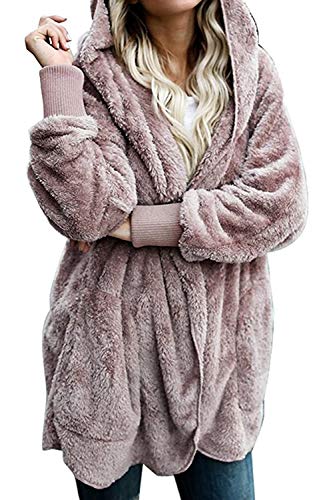 Zilcremo Mujer Lana Chaqueta Cárdigan con Capucha Frente Abierto Abrigo Fleece de Piel Sintética Invierno Purplish Brown XL