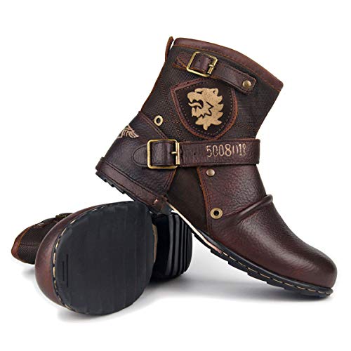 Ziyi hasta Hombre Punk Hombres del Cuero Genuino Botas Tobillo Militar Botas de Vaquero del Top del Alto de la Correa Respirable Fresco de Zapatos de los Hombres con la Piel de los Zapatos