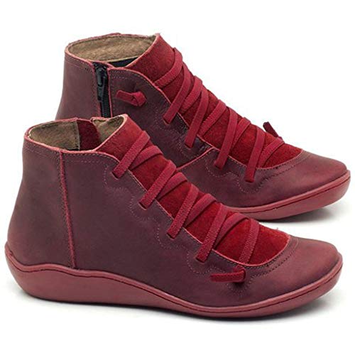 ZODOF 2019 Mujer Botines Venta De Cuero De Imitación, A Prueba De Agua Para El Otoño Y El Invierno, Zapatos De Cordones De La Vendimia, Pisos De Las Mujeres Cómodas(rojo,37 EU)