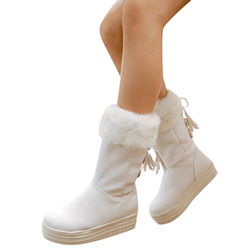 ZODOF Botas de Mujer Botas Medias de Mujer de Moda con Cordones Flecos talón Plano Zapatos de Nieve de Invierno