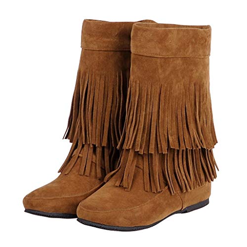 ZODOF Botines cuña para Mujer Otoño Invierno 2019 Moda Botas Militares Planos Zapatos Vestir Talla Grande Señora Calzado Terciopelo Dama Botas de Nieve clásicas Caliente con Fleco(39 EU,Amarillo)