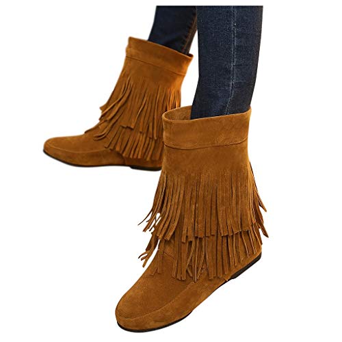 ZODOF Botines cuña para Mujer Otoño Invierno 2019 Moda Botas Militares Planos Zapatos Vestir Talla Grande Señora Calzado Terciopelo Dama Botas de Nieve clásicas Caliente con Fleco(39 EU,Amarillo)