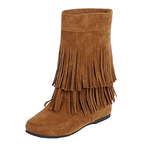 ZODOF Botines cuña para Mujer Otoño Invierno 2019 Moda Botas Militares Planos Zapatos Vestir Talla Grande Señora Calzado Terciopelo Dama Botas de Nieve clásicas Caliente con Fleco(39 EU,Amarillo)