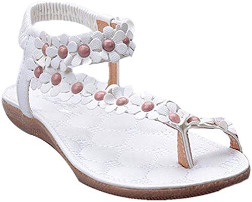 ZODOF Sandalias de Verano para Mujer Peep-Toe Zapatos Bajos Sandalias Romanas Chanclas de Damas Plano Talla Grande Bohemia Dulce con Cuentas Sandalias Casuales Zapatos de Playa