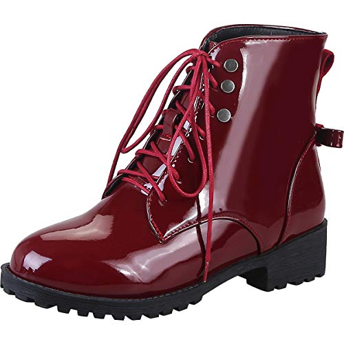 zpllsbratos Mujer Charol Botines Planos Encaje Bota Corta Botín Motera Casual Cuero 35-43(Rojo,40)