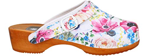 Zuecos de Cuero Natural con Suela de Madera (38 EU, Blanco 874)