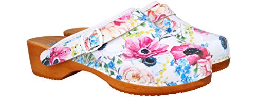 Zuecos de Cuero Natural con Suela de Madera (38 EU, Blanco 874)