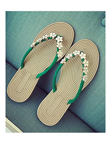 ZYXJP-Zapatillas Chanclas de Verano de Fondo Plano for Mujer, Casual Playa, Chanclas Antideslizantes Simples, Flores, Zapatos de Playa Planos for Mujer (Color : Green40)