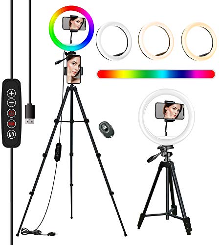 10'' RGB Aro De Luz con Tripode, COOLHOOD Ring Light con Control Bluetooth, TríPode Resistente Ajustable Anillo de Luz, 18 RGB y 3 Colores Normales, Luz Movil Aro para TIK Tok/Youtube/Selfie/Makeup