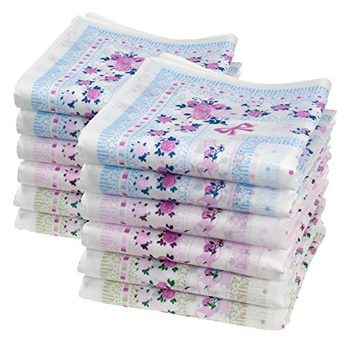 12 pañuelos florales finos - 100% algodón - Modelo « Leslie »