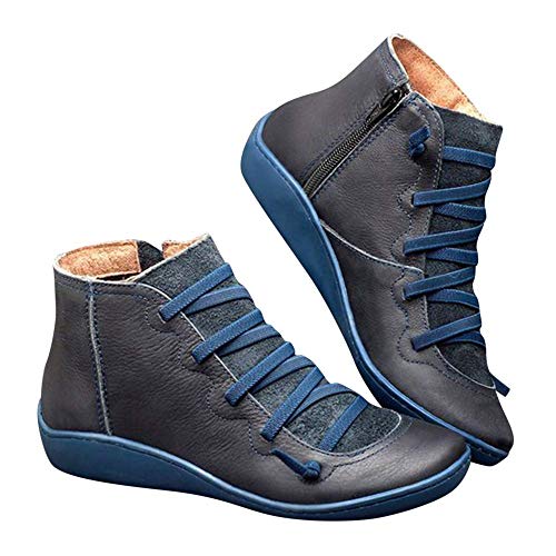 2019 Los Zapatos de Botines Planos para Mujer, Soporte del Arco, Cómodos Botines de Deslizamiento Plano para Mujer, Zapatos Casuales para Mujer Otoño Invierno con Hebilla con Cremallera (38, Azul)