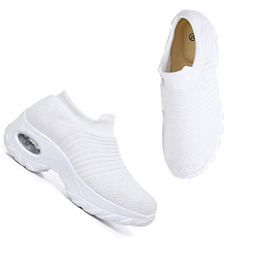 2020 Zapatos cuña Mujer Zapatillas de Deportivas Plataforma Mocasines Primavera Verano Planas Ligero Tacon Sneakers Cómodos Zapatos para Mujer, White,36 EU