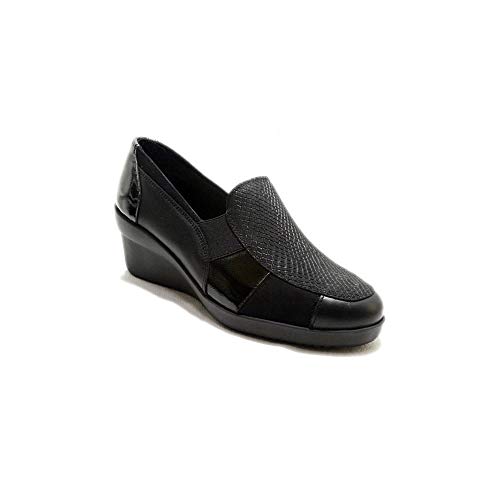 24 Horas 22627 - Zapatos Mocasines de Mujer con Cuña Alta En Piel Negra de Diferentes Texturas y Brillos - 38, Negre