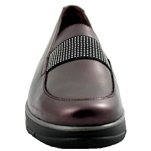 24 Horas 24290 - Mocasines de Mujer de Piel Suaves de Color Burdeos con Detalles de Tachuelas - 35, Grana