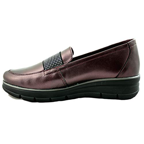 24 Horas 24290 - Mocasines de Mujer de Piel Suaves de Color Burdeos con Detalles de Tachuelas - 35, Grana
