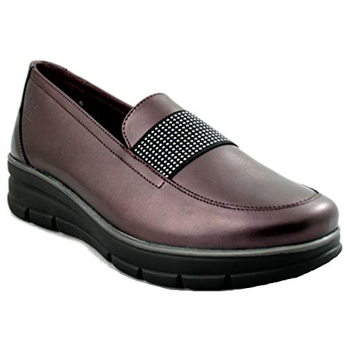 24 Horas 24290 - Mocasines de Mujer de Piel Suaves de Color Burdeos con Detalles de Tachuelas - 35, Grana