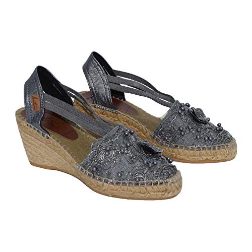 2832 Premia Plomo H354 - Alpargata de cuña media en tonos plomo y gris con tapapuntos de fantasía