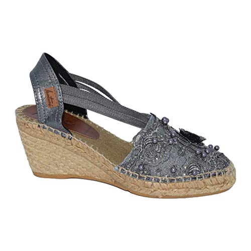 2832 Premia Plomo H354 - Alpargata de cuña media en tonos plomo y gris con tapapuntos de fantasía