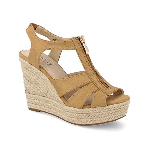 36563-Sandalia Mujer Plataforma de Yute con Cremallera Central Primavera Verano. Talla 36 Camel