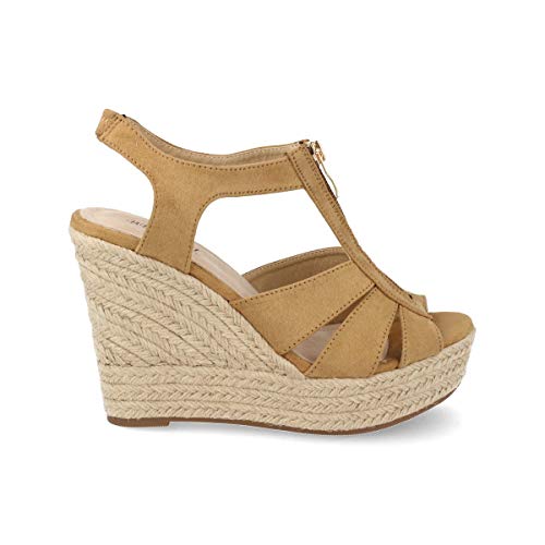 36563-Sandalia Mujer Plataforma de Yute con Cremallera Central Primavera Verano. Talla 36 Camel