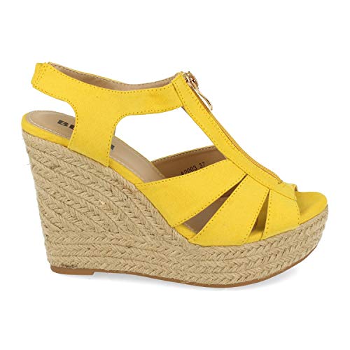 36572-Sandalia Mujer Plataforma de Yute con Cremallera Central Primavera Verano. Talla 38 Amarillo