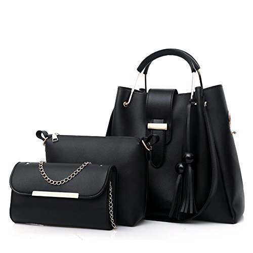 3pcs / set Bolso de hombro de color puro Lady Leather Tassel Crossbody Bag Tote1 X Handbag 1 X Crossbody Bag 1 X Tote Black