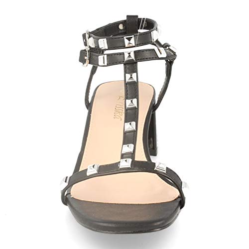 45437-Sandalia de Mujer Estilo Rock con Tacon Ancho, Correa en T, Talon Abierto, Tachuelas Cuadradas y Doble Cierre de Hebilla. Primavera Verano 2020. Talla 37 Negro