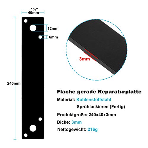6 placas de reparación y mantenimiento de 240 mm, conector plano de acero negro, grosor de 3 mm, placa de conexión recta de agricultura industrial, 240 mm × 40 mm, sin tornillos incluidos
