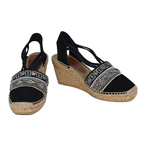 834 G Delhi Negro Hc8 - Alpargata de cuña media en ante negro con adorno tapapuntos indú