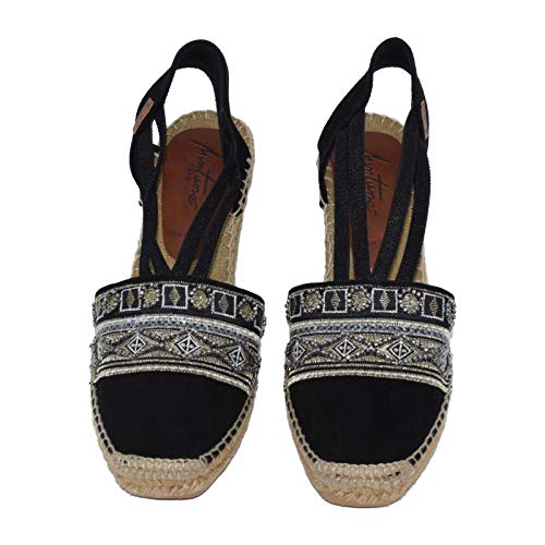 834 G Delhi Negro Hc8 - Alpargata de cuña media en ante negro con adorno tapapuntos indú