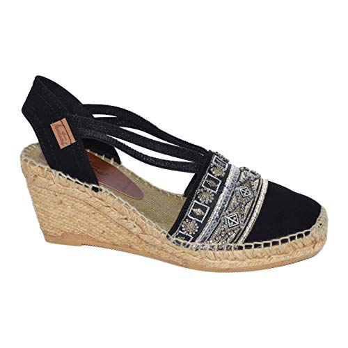 834 G Delhi Negro Hc8 - Alpargata de cuña media en ante negro con adorno tapapuntos indú