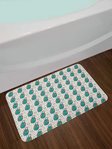 ABAKUHAUS Étnico Tapete para Baño, Muñecas Rusas Modelo Popular, Decorativo de Felpa Estampada con Dorso Antideslizante, 45 cm x 75 cm, Teal Coral y Negro