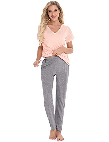 Abollria Mujer Ultra Suave Maternidad & Lactancia Las Pijama Conjunto,Manga Corta Cuello en V Lactancia Superior + Pantalones Largos Conjunto de Pijamas Embarazo Ropa de Dormir 2 Piezas