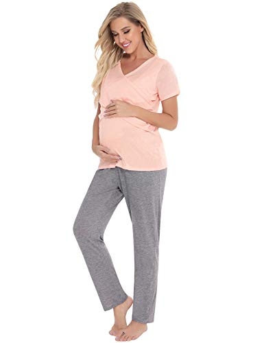 Abollria Mujer Ultra Suave Maternidad & Lactancia Las Pijama Conjunto,Manga Corta Cuello en V Lactancia Superior + Pantalones Largos Conjunto de Pijamas Embarazo Ropa de Dormir 2 Piezas
